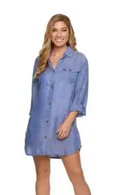 Dotti 300584 Women's Wovens Collared Button Up Shirt Dress Swim Cover Up Blue S