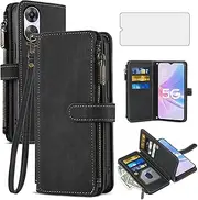 [Asuwish] Phone Case for OPPO A58 5G/A78 5G/A58X/A1X Wallet Cover with Tempered Glass Screen Protector and Leather Flip Credit Card Holder Stand Lanyard TPU Cell Accessories A 78 CPH2483 Women Men Black