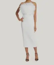 $641 Badgley Mischka Women's White Feather Belted-Waist Pencil Dress Size 8
