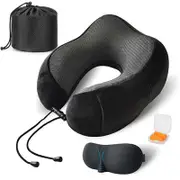 OZNALA Memory Foam Rebound Travel Pillow U-shaped Neck support Headrest Cushion Soft Comfortable Car Flight - Black