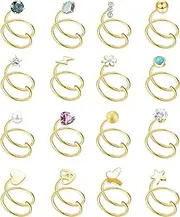[Wasise] Double Nose Ring - 16PCS Double Nose Ring Gold, Double Nose Ring Silver, Stainless Steel Double Hoop Nose Rings with Heart Star Butterfly Designs, Nose Studs Nose Rings Nose Piercing Jewelry
