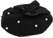 [LIFKOME] Classic Women's Beret Cap Pearl Beaded Artificial Wool Bowknot Octagonal Shape Stylish for Parties Artistic Looks Black