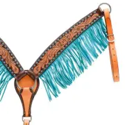 Western Two Tone Leather Hand Carved Breast Collar with Buck stitched