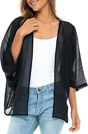 [Back From Bali] Womens Sheer Kimono Cardigan Short Open Front ¾ Sleeve Chiffon Duster