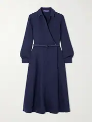 [Ralph Lauren Collection] Ralph Lauren Collection - Aniyah Belted Linen Midi Wrap Dress - Navy - US4 US 4 Blue
