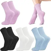 [Zuimei] 4 Pairs Pilates Grip Socks Non Slip Yoga Socks for Women Ruffle Socks with Grips Cotton Athletic Socks Ladies Grippy Socks for Home Gym Workout Sports Fitness Dance(Size UK 2-5/EU 35-39),