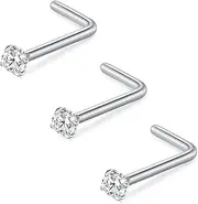 [D.Bella] 16G 18G 20G 22G L Shaped Nose Studs Surgical Steel 1.5mm 2mm 2.5mm 3mm Clear Colorful Diamond CZ Nose Rings Studs Nose Rings for Women Nose Nostril Piercing Jewerly Silver Gold Rose Gold Black