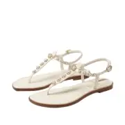Sam Edelman Gigi Porcelain Pearl Embossed Open Toe Ankle Strap Flats Sandals