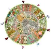 Sophia Art Round Floor Pillow Cushion Patchwork Pouf Ottoman Vintage Indian Foot Stool Bean Bag Floor Pillow Cover Home Decor Living Room Ottoman Bohemain Pillows (Light Green, 32 Inch)