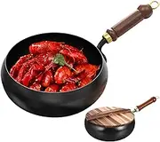 Deep Wok Pan - Chinese Wok with Wooden Handle,Scratch-Resistant, No Coating, Flat Bottom Induction Cookware for Baking Stewing Stir-Frying