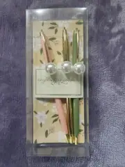 Brand New Three Ball Point Pens Gift Set faux Pearls on the Clips Gold Pink Teal
