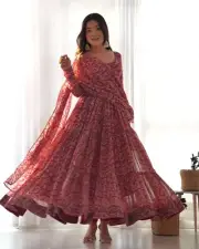 Red Kalamkari Print anarakli salwar kameez Readymade fully Flair Long Gown