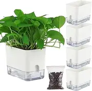 4 Pack Self Watering Pots for Indoor Plants, Self-Watering Planters Box Transparent for Devil's Ivy, Spider Plant, Orchid for Home & Office. African Violet Pot for Outdoor Plants (Rectangular,7”)
