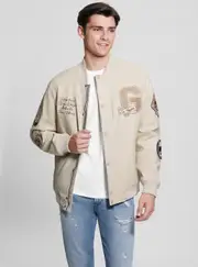 GUESS Beige Varsity Bomber Jacket Size: Small