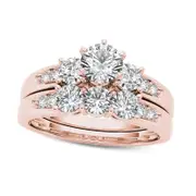 1.5 CT. T.W. Natural Diamond Three Stone Bridal Engagement Ring Set in Solid 14K Rose Gold