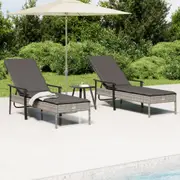 Sun Loungers 2 pcs with Table and Cushions Grey Poly Rattan vidaXL