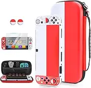 FUNDIARY Red & White Carrying Case Compatible with Nintendo Switch OLED, Cute Cartoon Ball Accrssories Bundle for Switch Console with Hard PC Protective Shell, HD Screen Protector and Thumb Caps