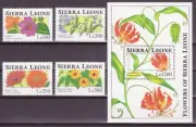 SIERRA LEONA 1993 FLORES 4 VALORES + HOJITA BLOQUE NUEVOS MNH