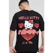 Mens Black Oversized Hello Kitty Heart License Printed T-Shirt