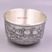 Solid 999 Fine Silver Small Tea Cup Heat Insulation Dragon Pattern Chinese Bowl