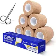 Cohesive Bandage 2" x 5 Yards, 6 Rolls, Self Adherent Wrap Medical Tape, Adhesive Flexible Breathable First Aid Gauze Ideal for Stretch Athletic, Ankle Sprains, Swelling, Sports, Human, Animal, Blue (Tan with Scissors)