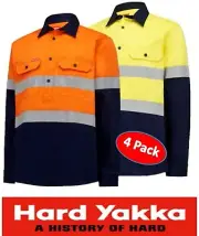 HARD YAKKA- 4 PACK - CLOSED FRONT MENS LONG SLEEVE HIVIS WORK SHIRT +TAPE-Y04615