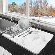 Stone Drying Mat for Kitchen Counter Marble Stone Dish Drying Mat, Super Absorbent Quick Drying Diatomite Stone Dish Drying Mat — Non-Slip & Heat Resistant, with 8 Non-Slip Mat, 16.5X12.6 White
