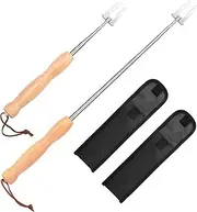 FISHOAKY Barbecue Fork Extendible 2 Packs, Stainless Steel Telescopic Barbecue Skewers with Wooden Handle, Reusable Grill Skewers Meat Fork for BBQ, Campfire and Camping (32.3 Inch)