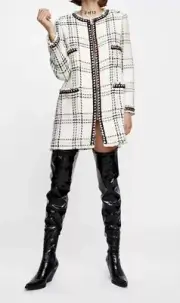 New Zara Tweed Wool White Red & Black Plaid Long Coat Jacket Sz M