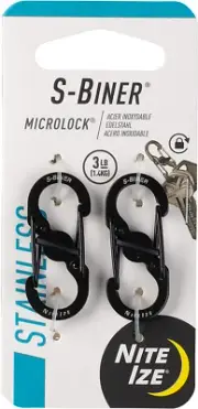 S-Biner Micro Lock Mini Stainless Steel Carabiner, Black, Pack of 2