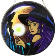 WICCAN SUNCATCHER, 6" Stained Glass Look WITCH Suncatcher With RAVEN And MAGIC