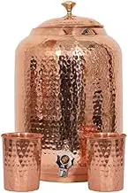 Handmade Hammered Pure Copper Water Dispenser Pot 4 Liter Water Pot Matka Ayurveda Healing Water Storage Tank with 2 Serving Glasses (8 Liter)