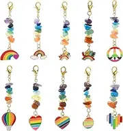 Ipotkitt 10pcs 10 Styles Gemstone Chips & Enamel Rainbow Theme Hanging Ornaments Heart Love Round Charms Claw Clasp Charms for DIY Crafts Ornaments