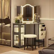 LVSOMT Dressing Table with Mirror and Lights, Charging Station, Corner Makeup Vanity with Storage Cabinet and Shelves, Modern Vanity Set with Stool for Bedroom (Gray)