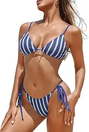 [ZAFUL] Women's Triangle Bikini Set Cheeky Two Piece String Swimsuit Stripe Tie Side High Cut Thong Sexy Swimwear Bathing Suits