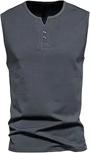 [Generic] Men's Cotton Henley Workout Vest Solid Button Sleeveless Muscle Tops Fitness Soft Gym Male Tank Top, Dark Grey, XX-Large