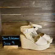 New NIB Womens Sam Edelman Vada Weave Beige Wedge Heeled Sandals Shoes Size 9 M