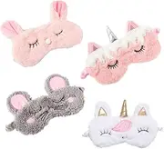 Ipetboom 4Pcs Cute Rabbit & Unicorn Plush Sleep Eye Mask Set Cartoon Shading Eyepatch for Naps Travel and Airplane for & Adults