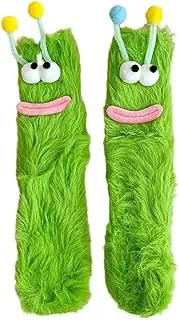 [Hemaisu] Ugly and Cute Funny Socks Children's Mid-length Socks Autumn and Winter Floor Sleep Socks Coral Plush Home Warmth, Funny Socks for Girls, Cute Fuzzy Felt Monster Slipper Socks for Women Adults, Green,