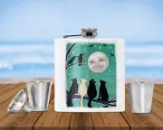 stainless steel 8 oz flask RYTA ART wedding gift HALLOWEEN BLACK CAT FULL MOON