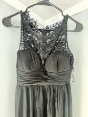 Aidan Mattox 100% Silk Black Maxi Dress Womens 8 Lace Wedding Formal Bridal Prom