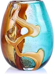 Pretty Hand Blown Glass Vase, Colored Glass Flower Vases Home Decor, Amber and Teal Decorative Murano vase for Living Room Office Bedroom Coastal Table Centerpieces Gift