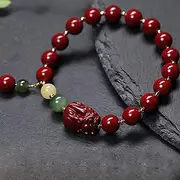 [YANYUESHOP] Bracelet Wealth Bracelet Natural Cinnabar Pixiu Pi Yao Jasper Beeswax Bracelet Stretchy Bangle Hand Carved Mantra Bead Amulet Attract Money Luck Cinnabar Cinnabar