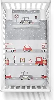 LINKHOFF Polizei Children's Bed Linen Set 100 x 135 cm Fire Brigade Grey Red 100% Cotton Baby Bedding 135 x 100 cm with Pillow 40 x 60 cm Baby Cot Children's Bed Bedding 100 x 135 cm Boys