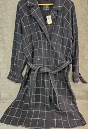 Abercrombie & Fitch Women's XL Trench Coat Navy Plaid Lined Belted Retro Y2K NEW