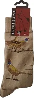 [The Tie Studio] Standing Pheasants on Beige Unisex Novelty Ankle Socks Adult Size 6-11, Brown, 8-12 US