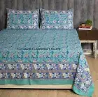 Hand Block Floral Printed Sheet Queen Size Bed Cover Cotton Bedding With Pillows