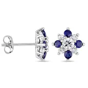 Blue and White Sapphire Flower Stud Earrings in 14K White Gold