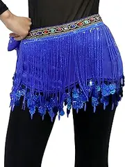 [KEOYA] Womens Belly Dance Scarf Sequins Triangle Wrap Bling Fringe Hip Scarf Lace Up Performance Wrap Mesh Lining Skirt