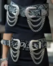 Women Black Elastic Belt Paisley Double Silver Metal Buckle Chain Waves Size S M